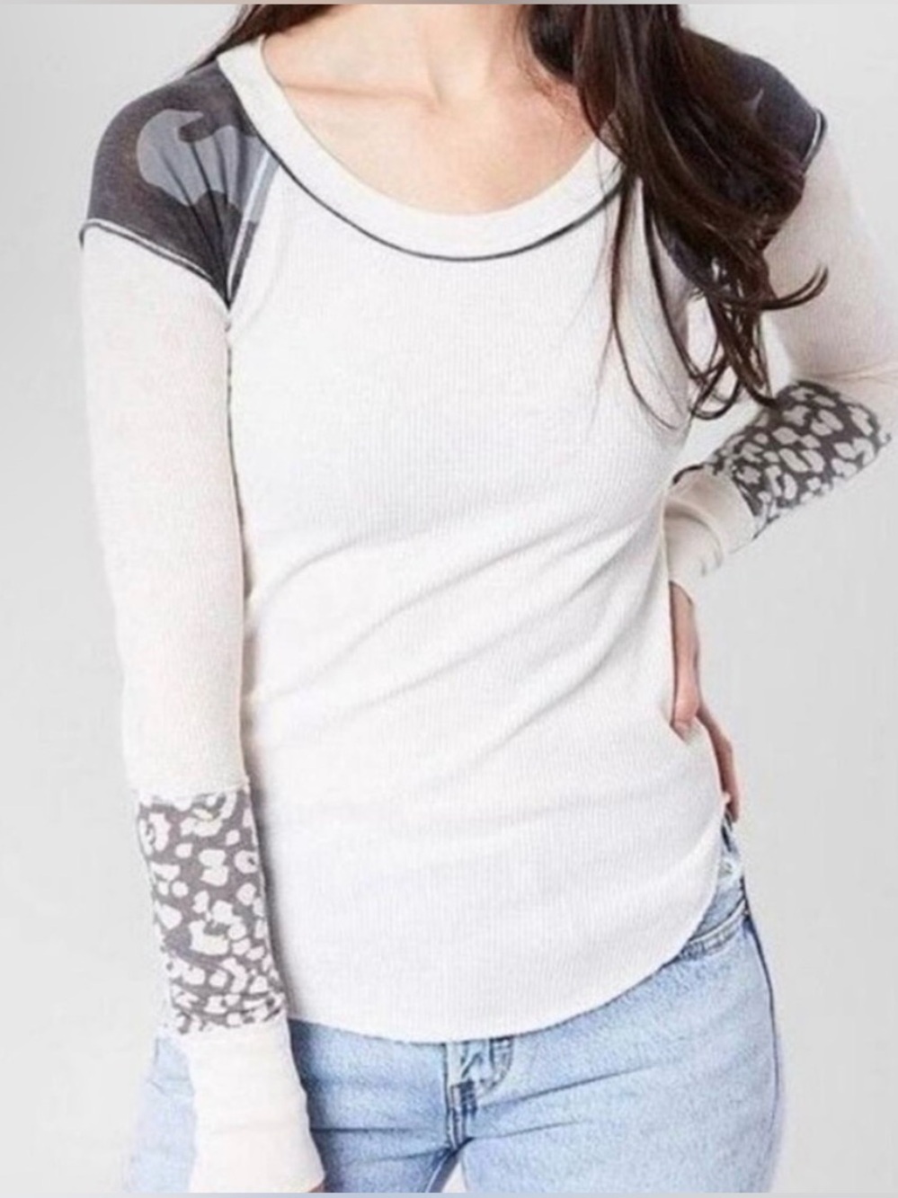 FREE PEOPLE We The Free Cream Ribbed Knit Leopard Camo Long Sleeved Thermal Top